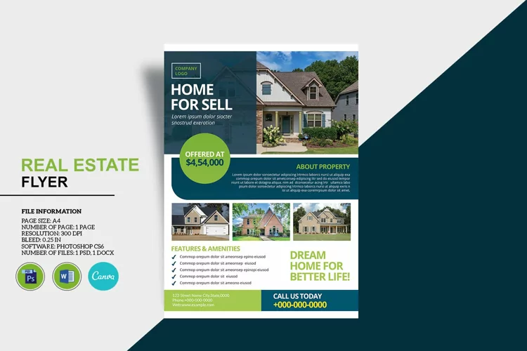 Real Estate Flyer Template, word , psd and Canva