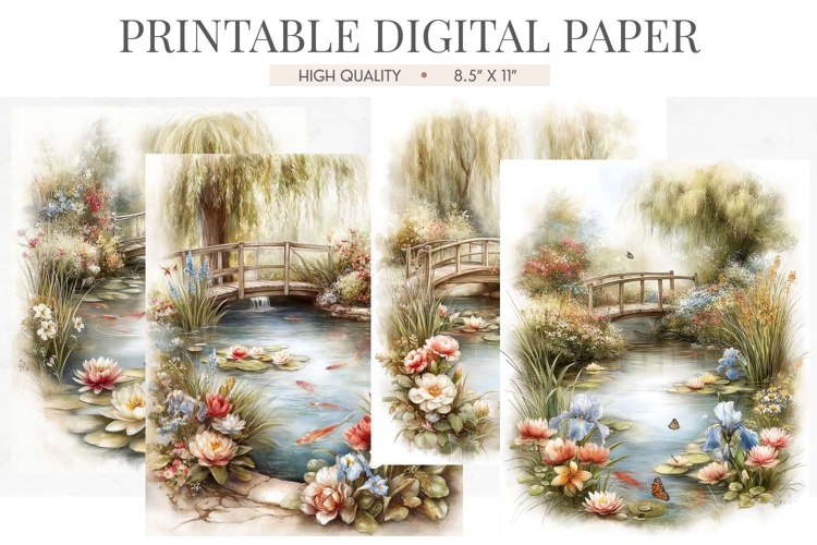 Watercolor Cottage Garden Pond Junk Journal Pages