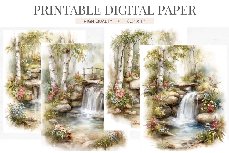 Watercolor Woodland Waterfall Junk Journal Pages