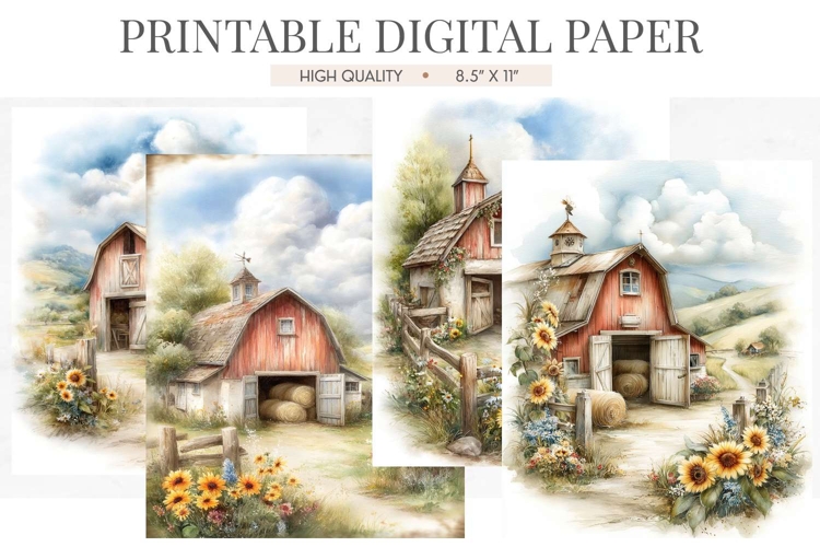 Watercolor Country Red Barn Junk Journal Pages