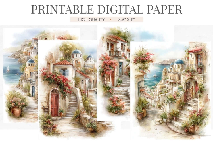 Watercolor Greek Island Village Junk Journal Pages