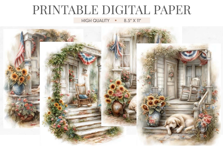 Watercolor Farmhouse Porch Sunflowers Junk Journal Pages