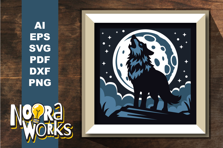 Wolf and Moon 3D Shadow Box SVG