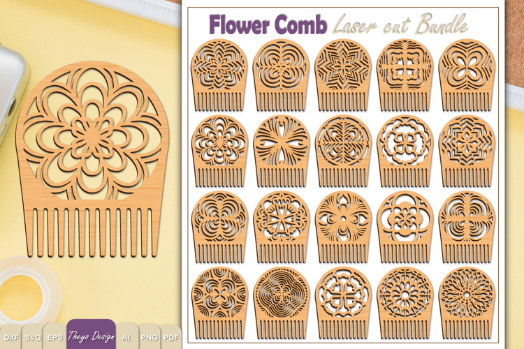 20 Design Laser Cut Wooden Hair Comb | Snowflake Comb SVG