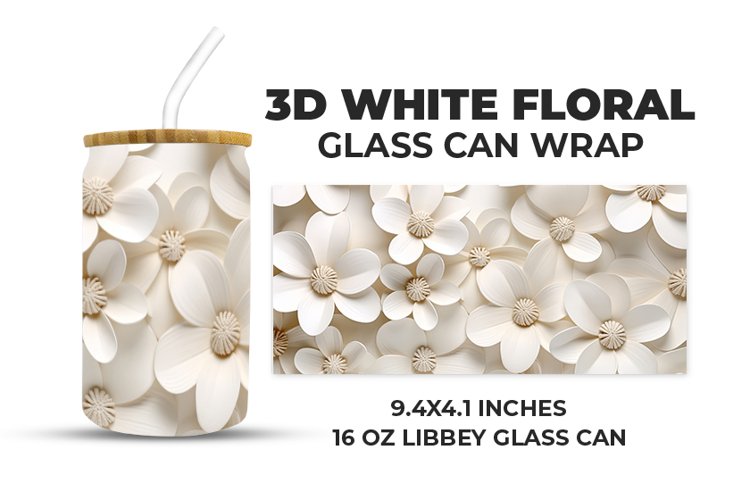 3D White Floral Glass Can Wrap