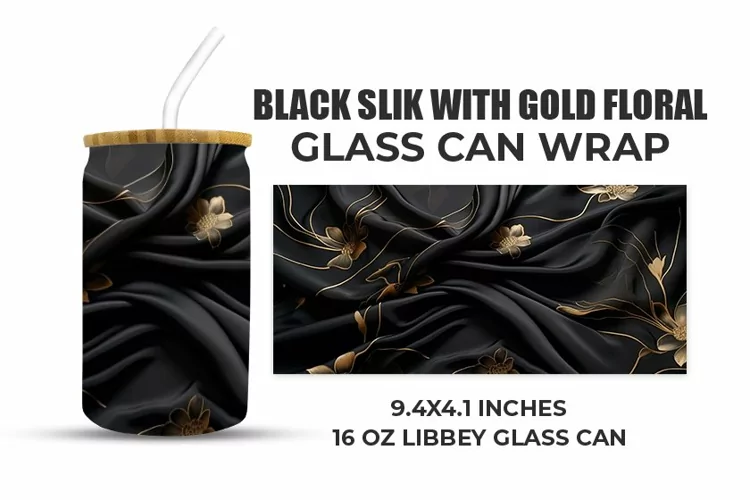 Black Silk With Gold Floral Glass Can Wrap