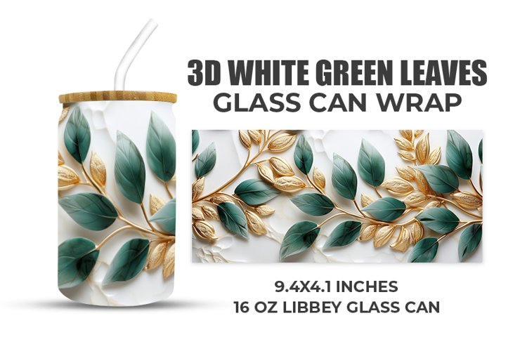 3D White Green Leaves Glass Can Wrap example image 1