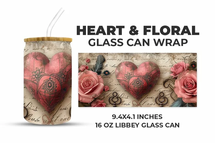 Heart & Floral Glass Can Wrap