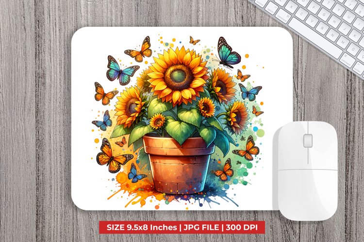 Pot With Sunflowers And Butterflies Mouse Pad Sublimation