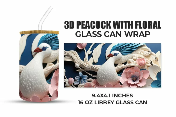 3D Peacock With Floral Glass Can Wrap