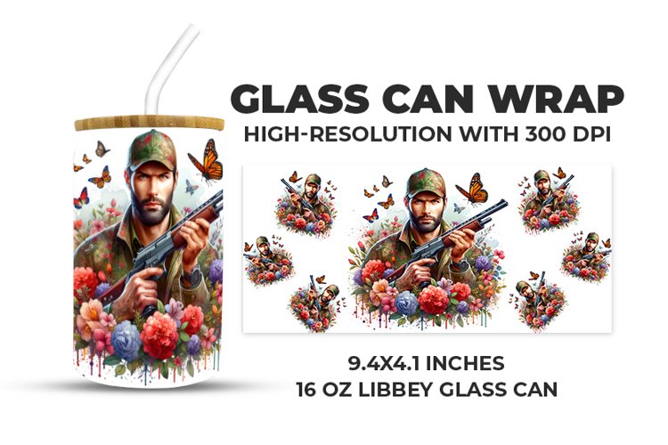 Hunter Man With Flowers Glass Can Wrap