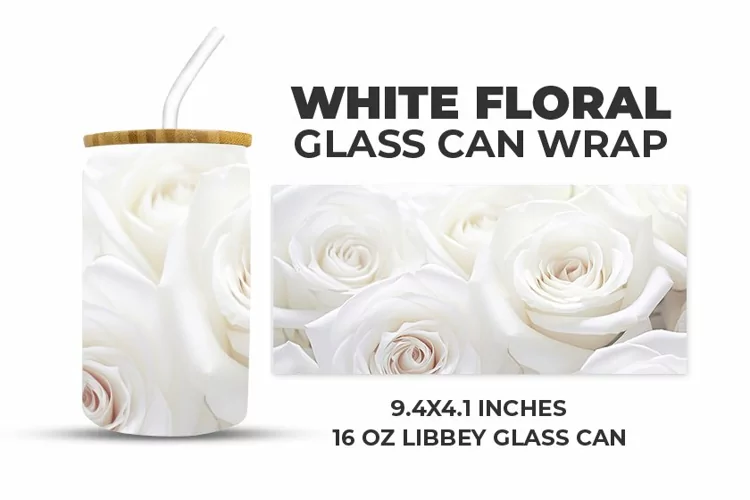 White Floral Glass Can Wrap
