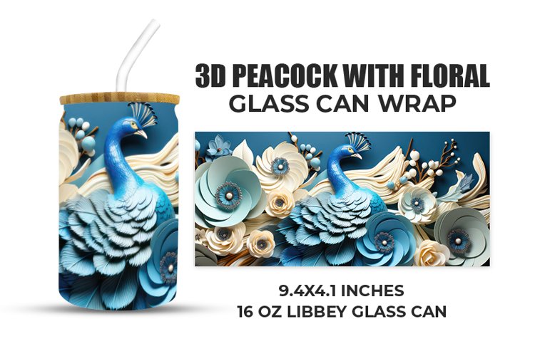 3D Peacock With Floral Glass Can Wrap example image 1
