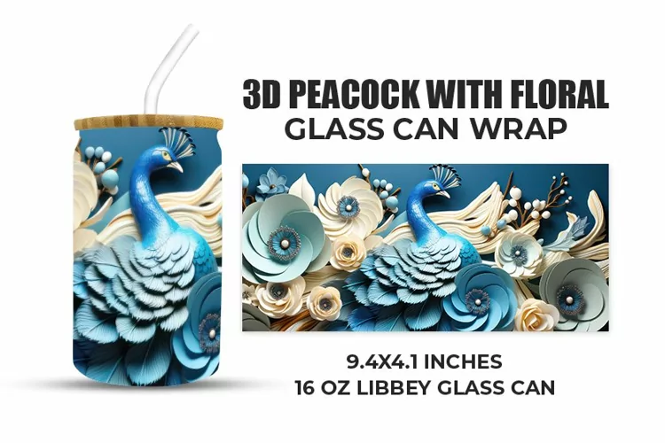 3D Peacock With Floral Glass Can Wrap