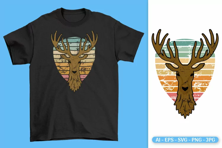 Deer and sunset in vintage style ilustration