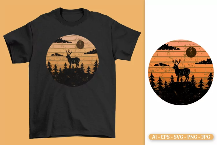 Deer and sunset in vintage style ilustration