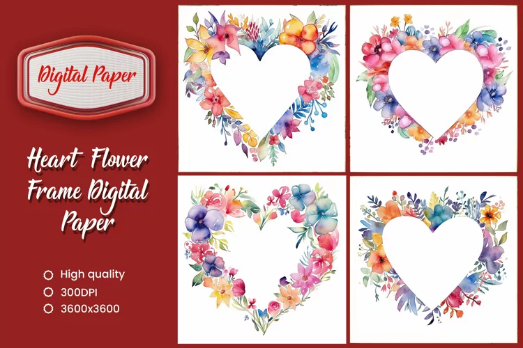 Watercolor heart frame digital paper