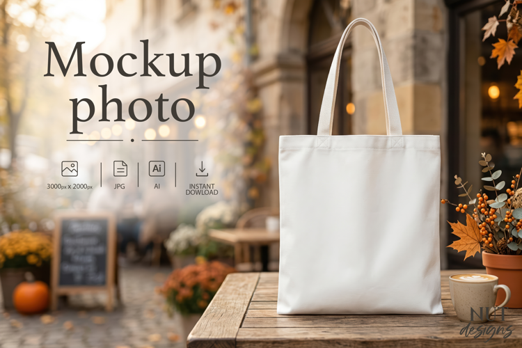 Autumn Tote Bag Mockup Photo White bag cozy fall café