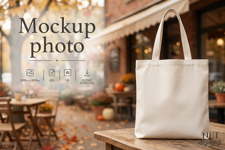 Autumn Tote Bag Mockup Photo White bag cozy fall café