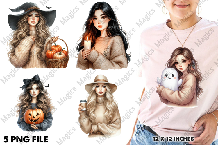 Cozy Halloween woman clipart