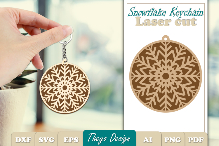 Snowflake Keychain Laser Cut | Snowflake wooden Keychain SVG