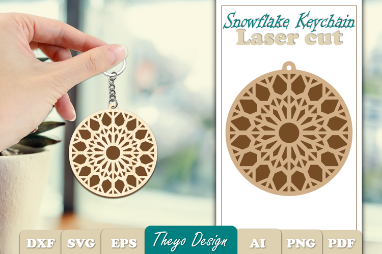 Snowflake Keychain Laser Cut | Snowflake wooden Keychain SVG