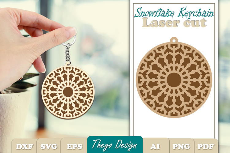Snowflake Keychain Laser Cut | Snowflake wooden Keychain SVG