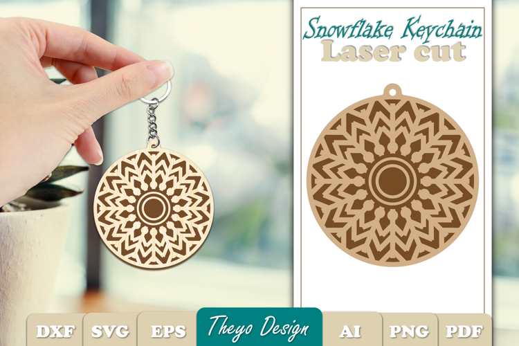 Snowflake Keychain Laser Cut | Snowflake wooden Keychain SVG