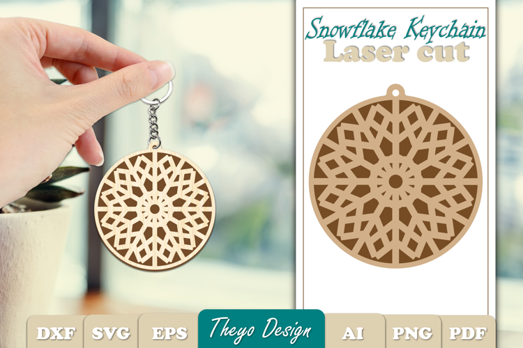 Snowflake Keychain Laser Cut | Snowflake wooden Keychain SVG