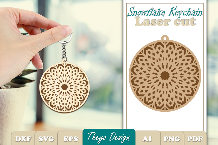 Snowflake Keychain Laser Cut | Snowflake wooden Keychain SVG