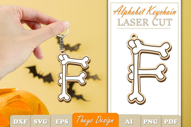 Halloween Aphabet Keychain LaserCut Letter F| Bone Keychain example image 1