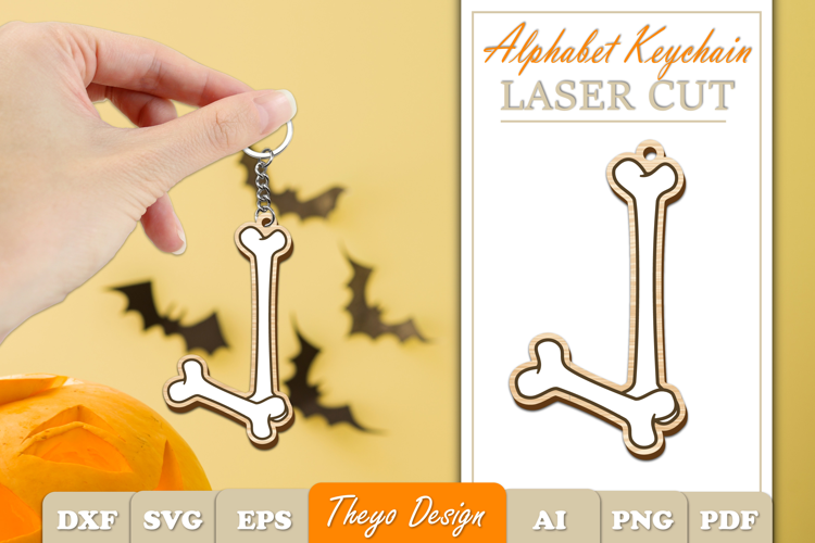 Halloween Aphabet Keychain LaserCut Letter J| Bone Keychain