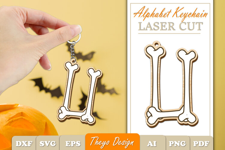Halloween Aphabet Keychain LaserCut Letter U| Bone Keychain example image 1