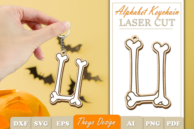 Halloween Aphabet Keychain LaserCut Letter U| Bone Keychain