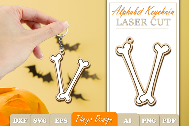 Halloween Aphabet Keychain LaserCut Letter V| Bone Keychain