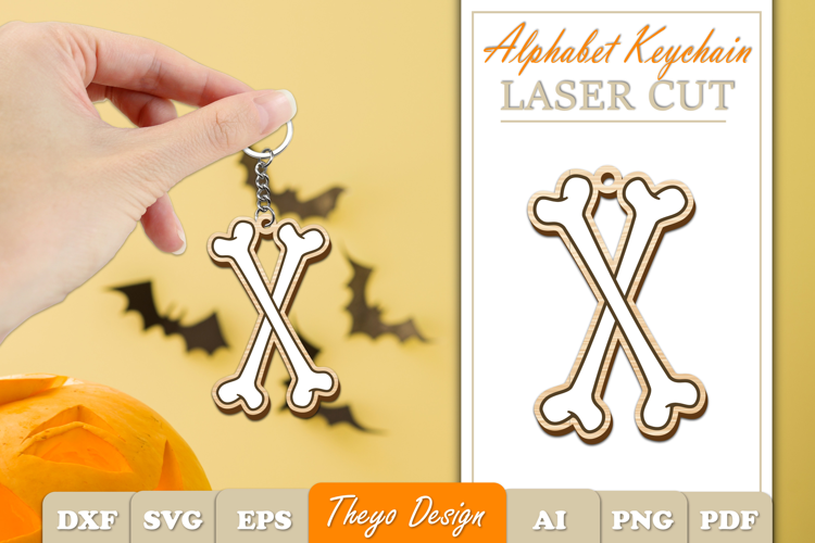 Halloween Aphabet Keychain LaserCut Letter X| Bone Keychain