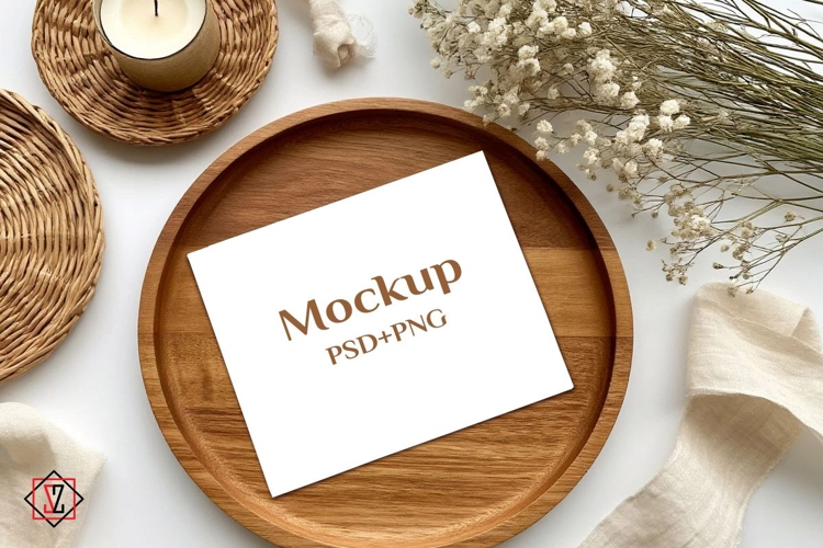 A postcard mockup on a tray_2. PSD & PNG