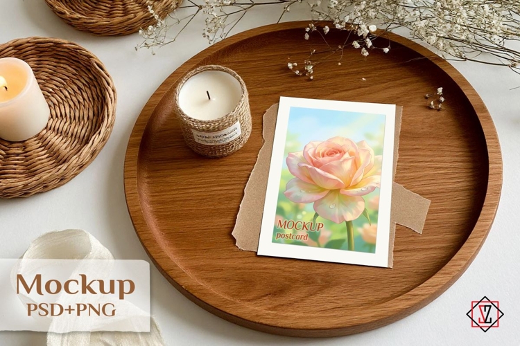 A postcard mockup on a tray. PSD & PNG
