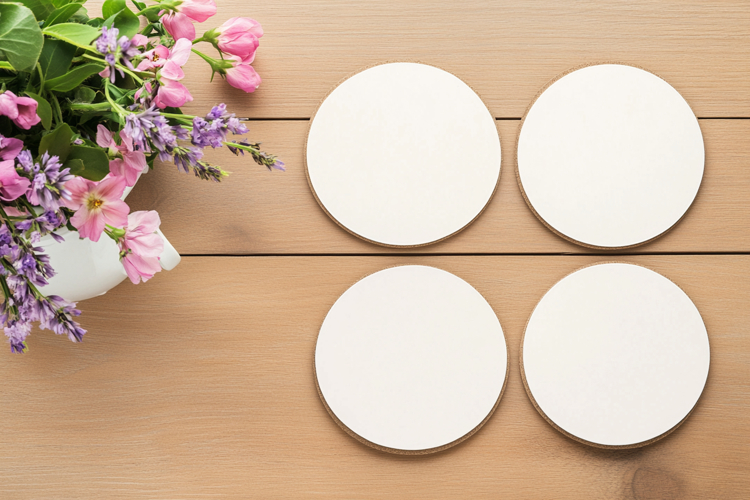 Four Blank Round Coasters Mockup with Cup and Flowers