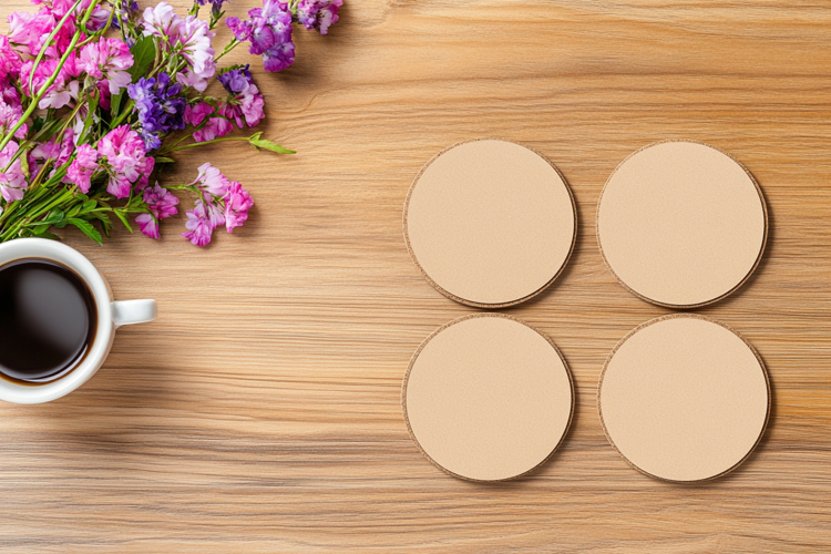 Four Blank Round Coasters Mockup with Cup and Flowers