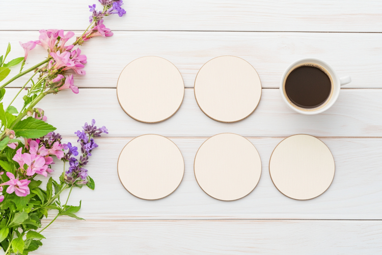 Four Blank Round Coasters Mockup with Cup and Flowers
