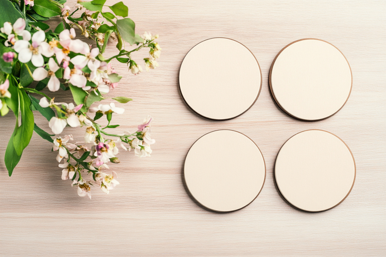 Four Blank Round Coasters Mockup with Cup and Flowers