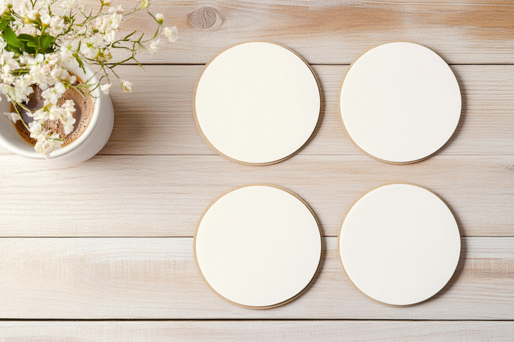 Four Blank Round Coasters Mockup with Cup and Flowers