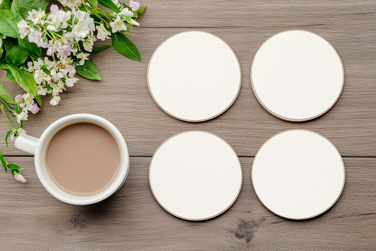 Four Blank Round Coasters Mockup with Cup and Flowers