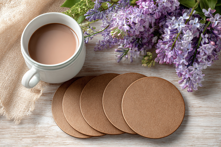 Four Blank Round Coasters Mockup with Cup and Flowers