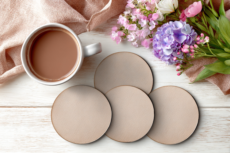 Four Blank Round Coasters Mockup with Cup and Flowers