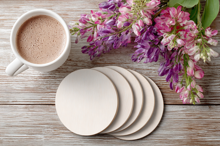 Four Blank Round Coasters Mockup with Cup and Flowers