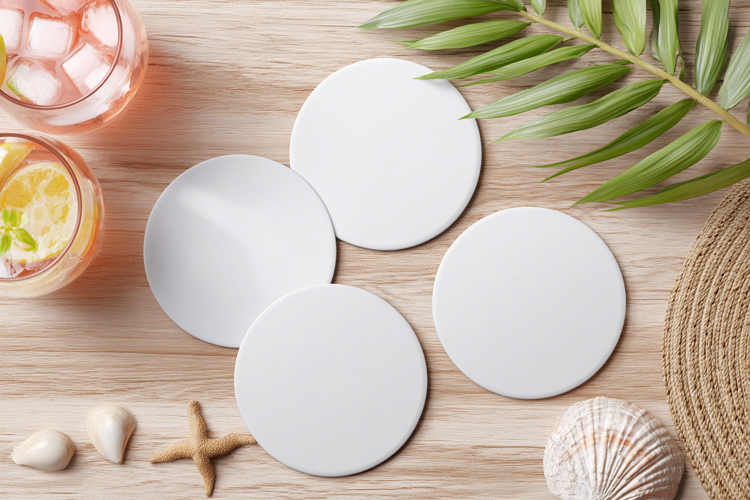 Four Blank Round Coasters Mockup with Cup and Flowers