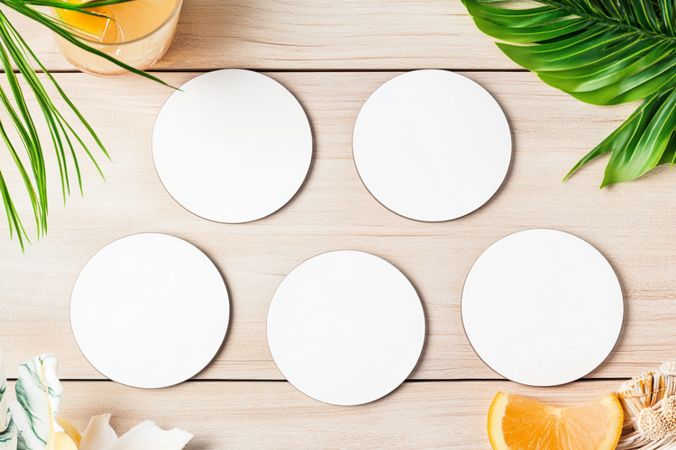 Four Blank Round Coasters Mockup with Cup and Flowers