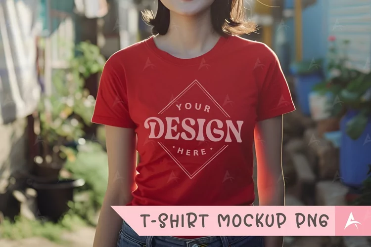 Gildan 5000 crewneck women red color t-shirt mockup